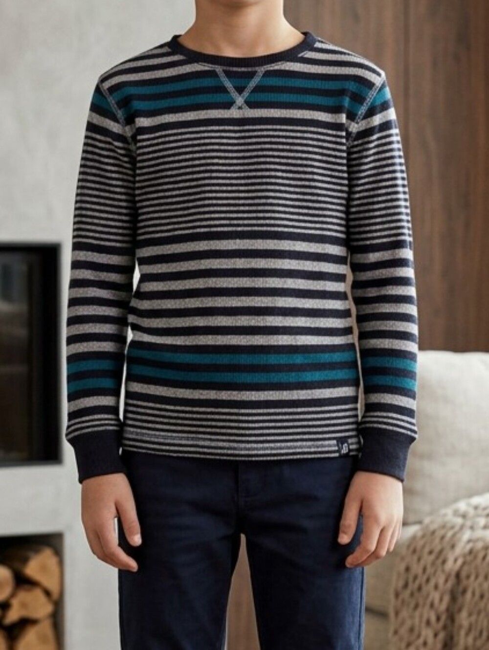 Amplify Soft Thermal Ribbed Knit Long Sleeve Shirt Boys 5/6 Black Stripe Kid Tee